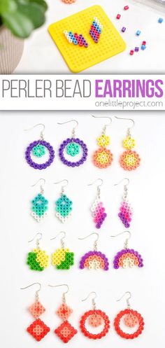 perler bead earring pattern is shown on a table with beads and other crafting supplies