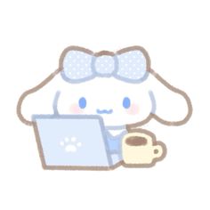 a cartoon character holding a laptop computer and coffee cup in her hand, while wearing a blue bow