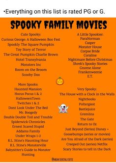 the spooky family movies list is shown on an orange background with black and white lettering