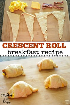 crescent roll breakfast recipe with eggs and cheese on it, cut up into four pieces