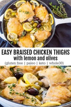 chicken thighs with lemon and olives in a skillet