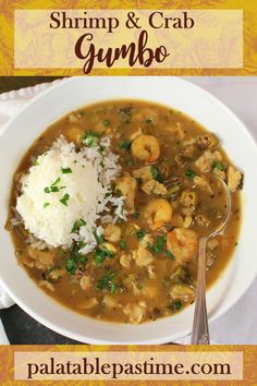 shrimp and crab gumbo with rice in a white bowl