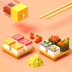 an illustration of sushi and chopsticks on a pink surface with orange sticks