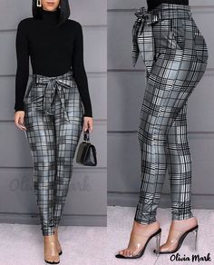 Color: gray, Size: M(6) Boss Fashion, Afrikaanse Mode, Classy Dress Outfits, Grid Design, Latest African Fashion Dresses, Hottest Fashion Trends, Trend Fashion, Faux Leather Pants, Women Pants Casual