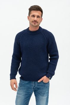 "Pure merino wool knitted mens sweater is inspired by classic Scandinavian style. Warm and comfortable woolen sweater delivers simplicity, style and ability to wear this sweater whenever you are spending time in nature or going to the theater, restaurant with your family or friends. Composition: 100% merino wool This year we are inviting customers to buy Christmas presents from small family businesses & stand together during this crazy time. Handmade Christmas presents will be especially war Navy Wool Crew Neck Sweater, Merino Wool Sweater With Ribbed Cuffs, Navy Wool Sweater With Ribbed Cuffs, Merino Wool Crew Neck Polo Sweater, Classic Wool Knitted Polo Sweater, Casual Navy Merino Wool Sweater, Merino Wool Crew Neck Polo Sweater For Winter, Classic Wool Sweater With Knit Fabrication, Classic Navy Knitted Sweater