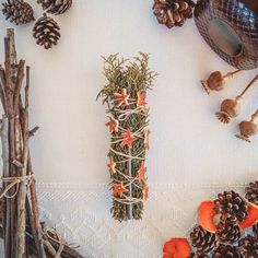 pine cones, twigs and flowers are arranged on a table