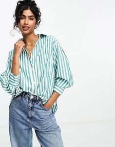 Top by ASOS DESIGN Add-to-bag material Spread collar Button placket Chest pocket Drop shoulders Relaxed fit Green And White Striped Shirt Outfit, Green Striped Shirt, Obey Clothing, Casual Accessories, Oxford Shirt, Oversized Shirt, Green Stripes, Button Placket, Jeans Shorts