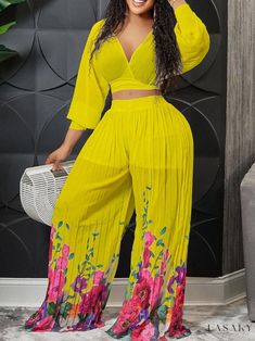 Lasaky - Flare Sleeve Top and Wide Leg Pants Floral Print Two-Piece Set Crop Top Suit, Pleated Crop Top, Commuter Style, Printed Pants Style, Flared Sleeves Top, Two Piece Pants Set, Sleeves Clothing, Yellow Print, Long Crop Top