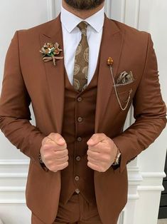 Fitted Brown Long Sleeve Sets, Brown Slim Fit Sets For Semi-formal Occasions, Brown Single Breasted Suit Sets, Brown Tailored Sets With Suit Collar, Brown Single-breasted Suit Sets, Brown Single Breasted Sets With Notch Lapel, Brown Single Breasted Set With Notch Lapel, Fitted Single Breasted Brown Set, Fitted Brown Single Breasted Set