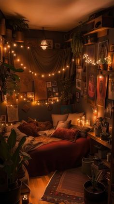 a bedroom with lots of lights and pictures on the wall