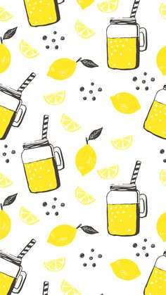 a pattern with lemons and mason jars filled with liquid on top of each other