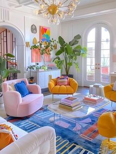 a living room filled with lots of colorful furniture