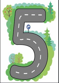 the number five with a road going through it and trees on both sides, as well as a street sign