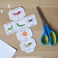 cut out cards with scissors, glue and paper to make them look like animals or insects