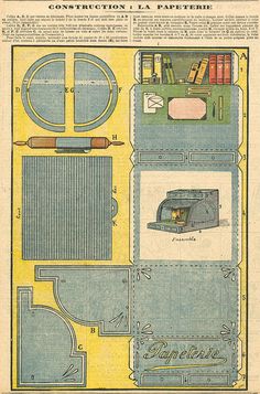 an old book with some drawings on the front and back pages, including a sewing machine