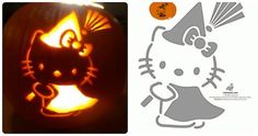 a hello kitty pumpkin carving is shown next to an image of a cat carved into it