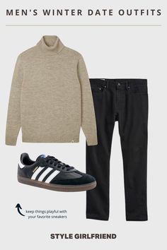 flat lay image of a men's date outfit featuring a tan turtleneck, black jeans, and black adidas sambas. text on-screen reads: men's winter date outfits (style girlfriend) Date Night Outfit Men, Winter Date Outfits, Coffee Date Outfits, Man Cold, Style Girlfriend, Dinner Date Outfits, Winter Date Night Outfits, First Date Outfits, Classy Men