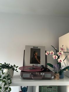 a record player sitting on top of a white shelf next to a potted plant