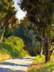 an oil painting of a road in the woods