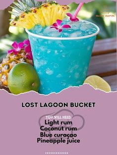 Light rum 3 oz\nCoconut rum 2 oz\nBlue cura\xc3\xa7ao 1 oz\nPineapple juice 4 oz\nLime juice 1 oz\nSoda water to top off\nTropical fruit slices for garnish\nCombine light rum, coconut rum, blue cura\xc3\xa7ao, pineapple juice, and lime juice in a large bucket or pitcher with ice.\nStir well and top off with soda water.\nGarnish with tropical fruit slices.\nSavor the flavors.\n#TropicalDrinks #BucketDrink Blue Curacao Drinks, Coconut Rum Drinks, Bartender Drinks Recipes, Wedding Alcohol, 21st Ideas, Iced Drinks Recipes, Cocktail Drinks Alcoholic, Cocktail Shots, Whiskey Tasting