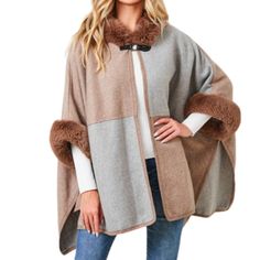 Women's Mocha & Grey Faux Fur Hooded Color Block Poncho Faux Fur Hooded Coat With Color Block Mocha & Grey Color Block Poncho Mocha Faux Fur Trimmed Hood & Arm Holes Vegan Leather & Pewter Ring Button Tab Closure Extremely Soft With A Fuzzy Texture Fabric: 100% Acrylic Brown Faux Fur Winter Outerwear, Beige Fur Coat For Cold Weather, Cozy Beige Fur Coat For Cold Weather, Cozy Brown Outerwear For Winter, Cozy Brown Outerwear With Faux Fur Trim, Cozy Brown Winter Outerwear, Warm Brown Winter Wear Outerwear, Warm Brown Winter Outerwear, Beige Fur Coat For Cold Weather In Fall