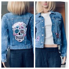 Embellished blue denim vintage cropped jacket with a white and colourful sequin skull on the back and matching sequin stars on the front pocket area  size 10 Fitted Outerwear With Skull Print And Long Sleeves, Fitted Skull Print Streetwear Outerwear, Trendy Long Sleeve Denim Jacket With Sequins, Trendy Long-sleeve Denim Jacket With Sequins, Trendy Denim Jacket With Sequins, Casual Long Sleeve Denim Jacket With Sequins, Trendy Summer Denim Jacket With Patches, Trendy Embroidered Summer Outerwear, Fitted Cotton Denim Jacket With Long Sleeves