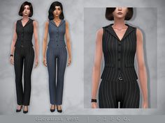 an animated image of a woman in pinstripe jumpsuits