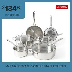 While there are many different materials and finishes for kitchen appliances, and each serves their purpose, stainless steel has remained the go-to option for a reason. The metal heats evenly and quickly, producing a cooking experience free of guesswork and potential mishaps. Bring your entire kitchen up to this enviable level with the castelle 10-piece stainless steel cookware set, a Martha Stewart offering that equips home cooks and their kitchens a beautiful and dependable collection of pots… Stainless Steel Cookware Set, Cookware Set Stainless Steel, Stainless Steel Cookware, Cookware Sets, Cookware Set, Martha Stewart, Cookware, Dishwasher Safe, Oven