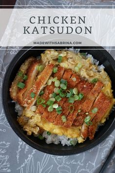 Steamed rice bowl topped with a sweet and savory omelette and a crispy fried chicken cutlet. Japanese Chicken Katsudon, Chicken Katsu Donburi, Japanese Chicken Cutlet Recipes, Katsudon Recipe Chicken, Chicken Katsu Don, Chicken Katsudon Bowl, Katsu Recipe Japanese Style, Pork Katsu Don, Katsudon Recipe Pork