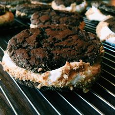 there is a chocolate cookie sandwich on the cooling rack