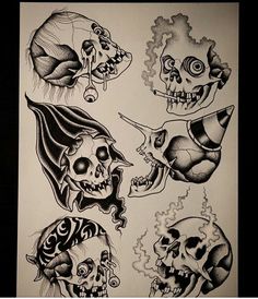 a group of skulls with different designs on their face and neck, all in black ink