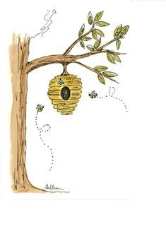 a drawing of a beehive hanging from a tree branch with bees flying around