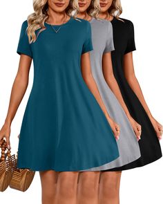 PRICES MAY VARY. Quality Material: our women casual t shirt dresses are designed using a blend of 60% polyester, 35% rayon, and 5% spandex; This combination is lightweight, breathable, soft, skin friendly touch and offers a comfortable stretch that accommodates every move you make; The women short sleeve dresses made from this material are less prone to wrinkles, easy to take care of, and notably durable Comfortable Sizing: these women short sleeve round neck dresses comes in varying sizes, assu Beach Tunic Dress, T Shirt Dresses, Casual T Shirt Dress, Dresses Short Sleeve, Tunic Dresses, Fitted Tunic, Dream Outfits, Warm Dresses, Casual Night Out