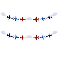 several airplanes are flying in the sky with white clouds behind them and one plane is red, white, and blue