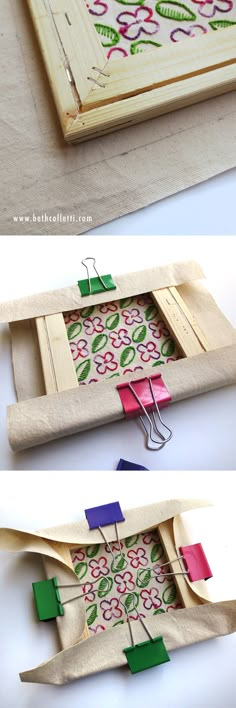 two pictures showing how to make an ornament out of fabric and paper with scissors