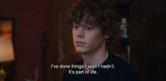 a young man with curly hair is looking at the camera and has a quote on it