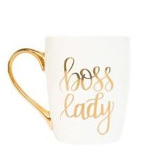 a white and gold coffee mug with the words boss lady on it's side