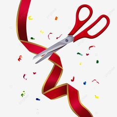 a pair of red scissors with streamers and confetti on the side, cartoon, illustration png and psd