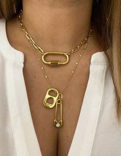 "layer necklace set | gold link chain necklace | carabiner screw lock necklace | safety pin | lock necklace | gold choker ★ lead and nickel free Hypoallergenic necklace ★ Buy the set and get 15% off ★★ ITEM DETAILS: *Styles: Closure: Lobster clasp * Paperclip link choker with carabiner lock: 16\" * Charms necklace : 18\" Materials: Gold Plated in Real high quality 18k karat gold over brass ★ this pieces have 3x layers of solid 18k gold, and are 100x times more resistant than regular gold plated. Hypoallergenic Necklaces, Necklace Carabiner, Gold Link Chain Necklace, Necklace Set Gold, Hypoallergenic Necklace, Pin Lock, Pendant Necklace Simple, Gold Link Chain, Lock Necklace