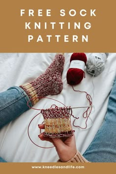 a person is knitting with the text free sock knitting pattern on it, and there are two balls of yarn next to them