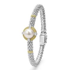 A freshwater cultured pearl surrounded by diamonds and smooth sterling silver Caviar beading and 18K gold stations forms this bracelet. LAGOS diamonds are the highest quality natural stones. Script Monogram, Pearl Diamond, Engraved Items, Bracelet Sizes, Fresh Water, Natural Stones, Beading, 18k Gold, Diamonds