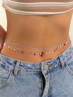 Prata  Collar  Vidro  Corrente de cintura Embellished Waist Chain Aesthetic, Waist Chain Outfit, Body Chain Outfit, Silver Waist Chain, Embellished Fashion, Vacation Accessories