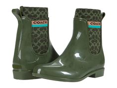 COACH Rivington Rain Bootie - Women's Shoes : Bronze Green Rubber : Please Note: COACH items cannot be shipped to military addresses (APO or FPO) and addresses in Hawaii, the Virgin Islands, Guam or any other locations outside of the continental US. The COACH Rivington Rain Bootie is a modern take on the classic rain boots with a sophisticated finish. The pull-on ankle boot is constructed from a lightweight, synthetic glossy rubber with knit goring in a sock-like fit in an allover signature C pr New Balance Classics, The Virgin Islands, Bronze Green, Coach Boots, Green Boots, Rubber Boots, Virgin Islands, Boots Shoes, Rubber Rain Boots