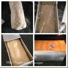 four pictures showing how to make bread in an oven and then bake the dough