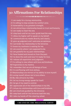 a pink poster with the words 30 affirmations for relationships