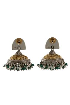 Shop for Neeta Boochra Peacock Carved Jhumka Earrings Online at Aza Fashions Ceremonial Green Jhumkas With Latkans, Green Festive Jhumkas For Ceremonial Occasions, Green Jhumkas For Reception And Festivals, Green Festive Ceremonial Jhumkas, Festive Green Ceremonial Jhumkas, Festive Ceremonial Green Jhumkas, Green Tilla Jhumkas For Reception, Traditional Green Jhumkas For Reception, Festive Ceremonial Dual-tone Jhumkas