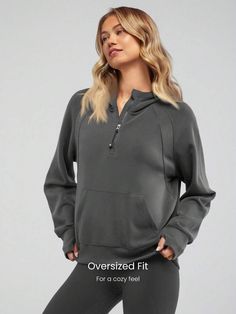 Features:Feels Like Skin \nActivity:Daily & Casual \nNeckline:Hooded \nDetails:Pocket \nDetails:Zipper \nDetails:Half Zip \nColor:Dark Grey \nPattern Type:Plain \nSleeve Length:Long Sleeve \nLength:Regular \nFabric:Slight Stretch \nMaterial:Fabric \nComposition:50% Modal \nComposition:44% Polyester \nComposition:6% Elastane \nCare Instructions:Machine wash or professional dry clean \nPockets:Yes \nSheer:No \n Fall Sports, Half Zip Hoodie, Silk Touch, Oversized Long Sleeve, Sports Sweatshirts, Women Sports, Half Zip, Sports Women, Zip Hoodie