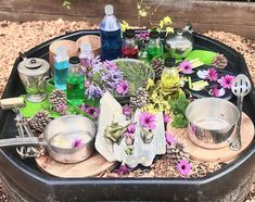 a tray filled with lots of different types of plants and bottles on top of it