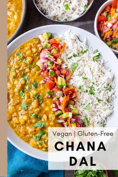 vegan gluten - free chana dal with rice and vegetables in bowls