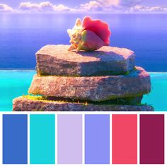 a seashell on top of a rock with color swatches in the foreground